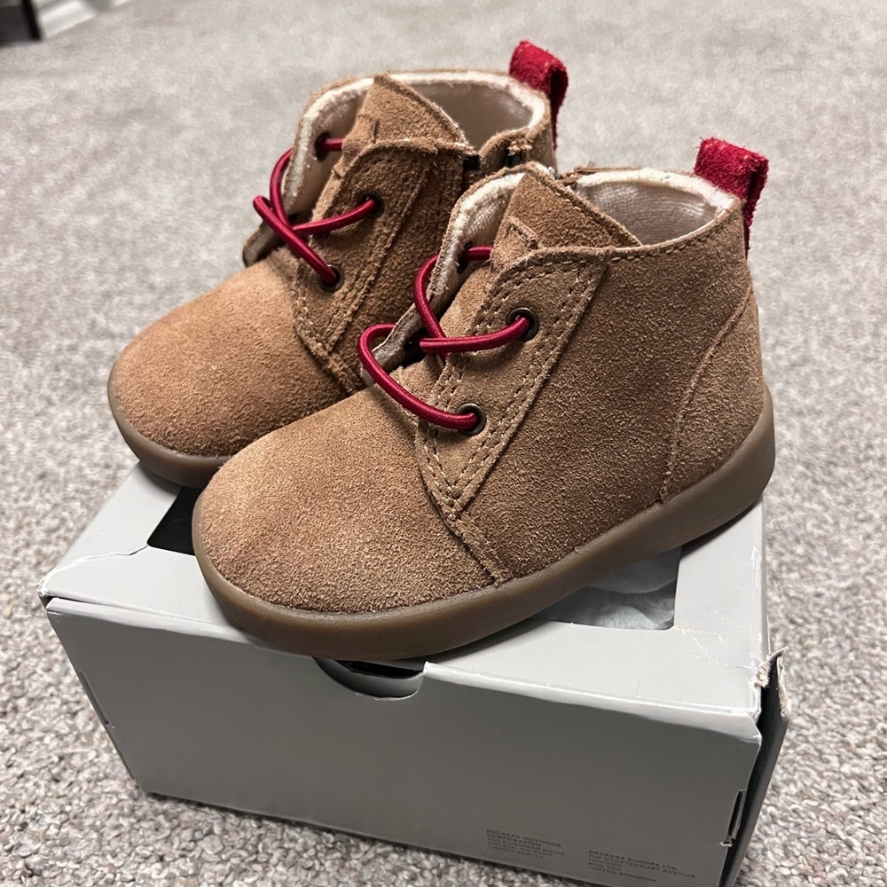 UGG Brown Suede Baby Walker Boots with Red Accents